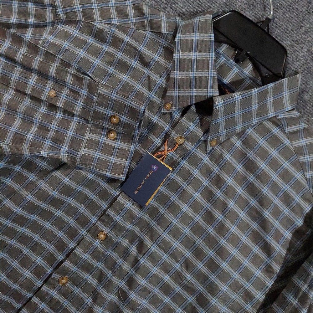 Henry‎ Jacobson Shirt Mens Large Gray Blue Plaid Cotton Long Sleeve Button Front
